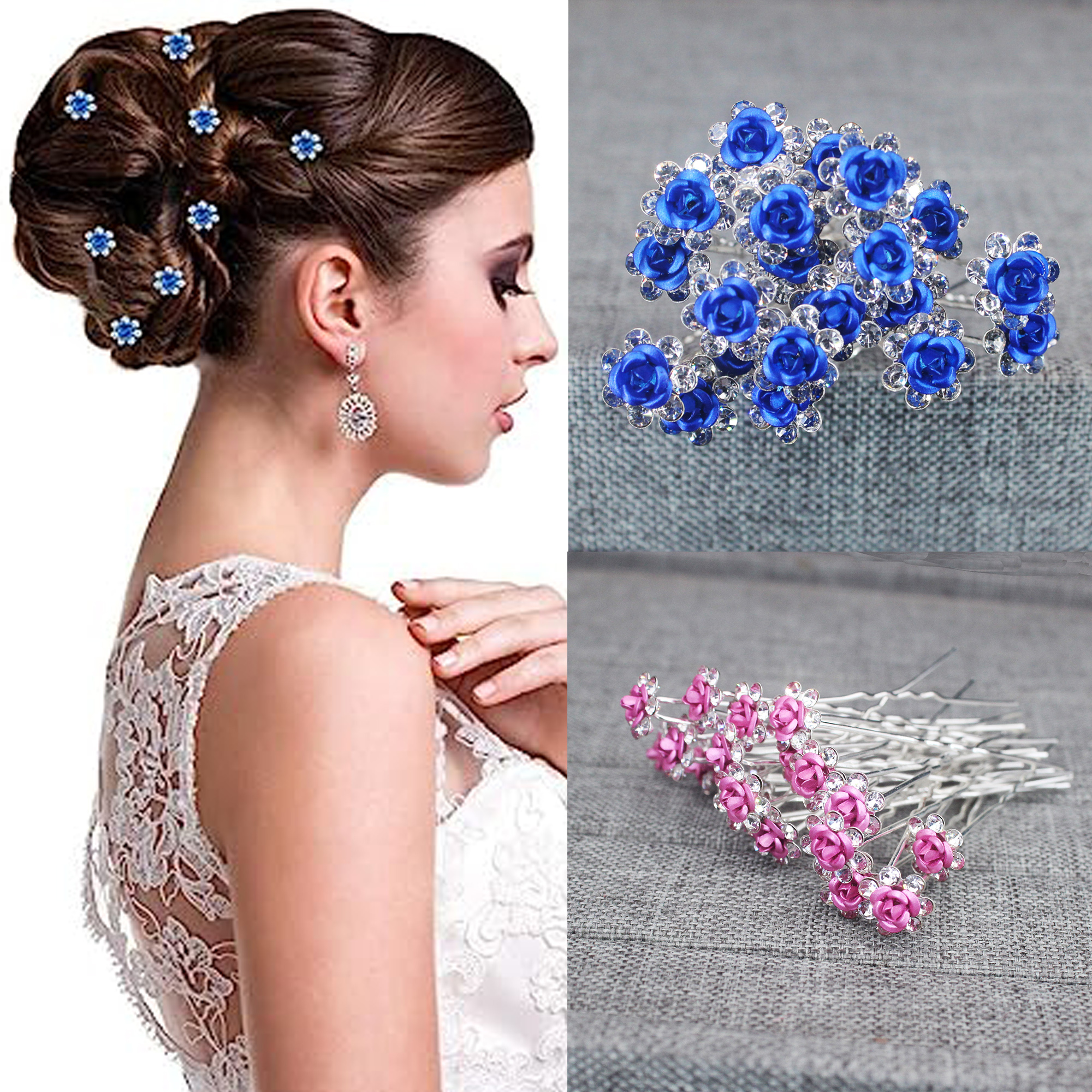 Tech Accessories For Women - 20PCS Rose Flower Rhinestone Hairpins Crystal